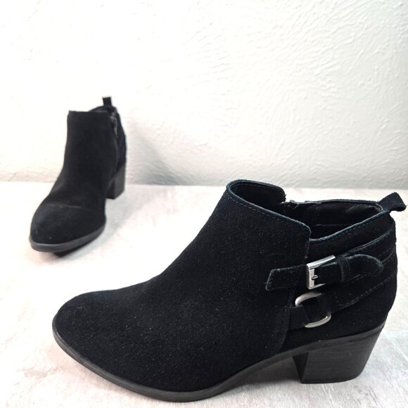 Western Ankle Boots Faux Suede Black Buckle Low Block Heel Comfort Moto Booties - Picture 1 of 13